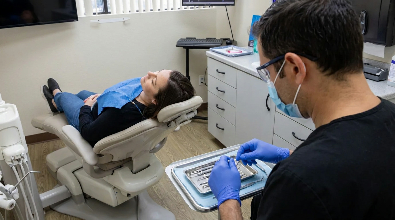 A patient in a blue bib reclines in a dental chair while a dentist in a mask and blue gloves prepares instruments on a tray.