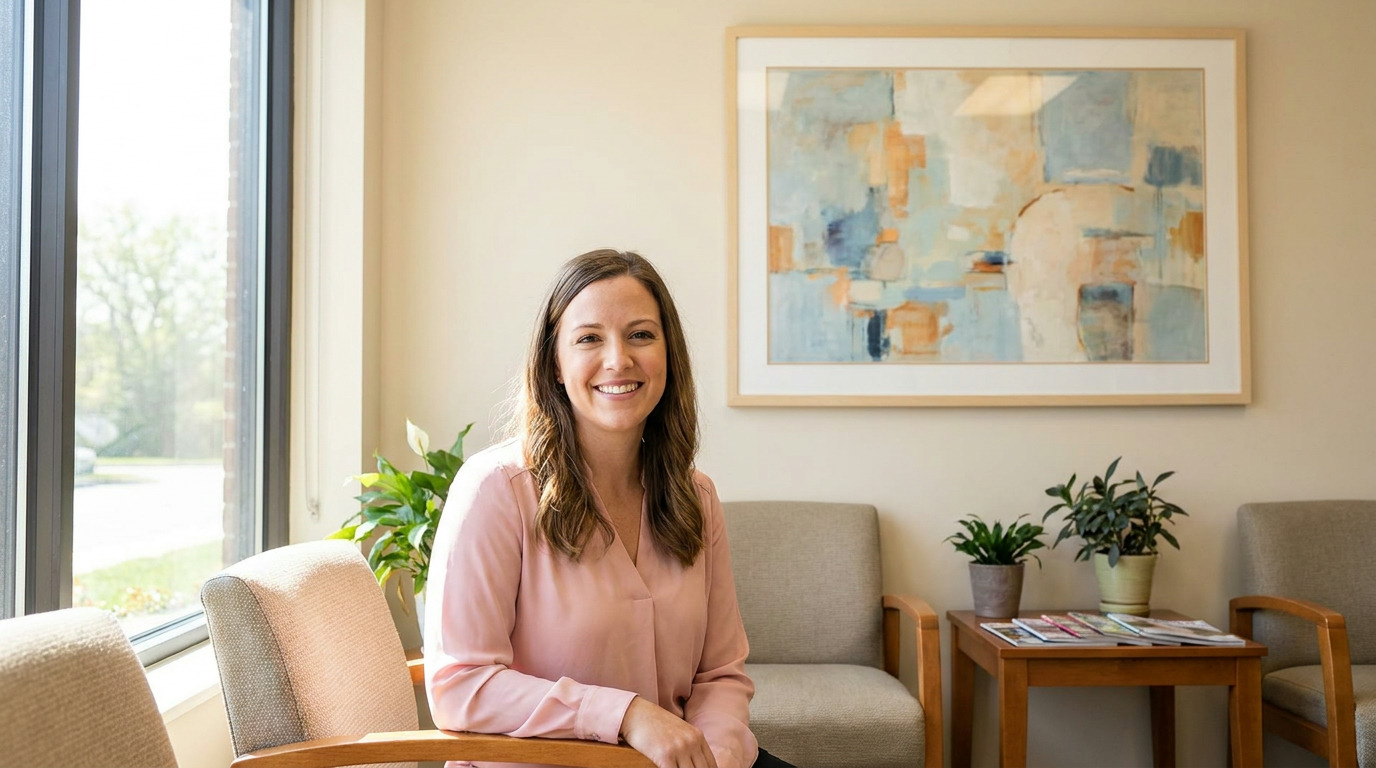 Stephanie smiles warmly while sitting in a sunlit waiting room with abstract art, chairs, a side table with magazines, and plants.