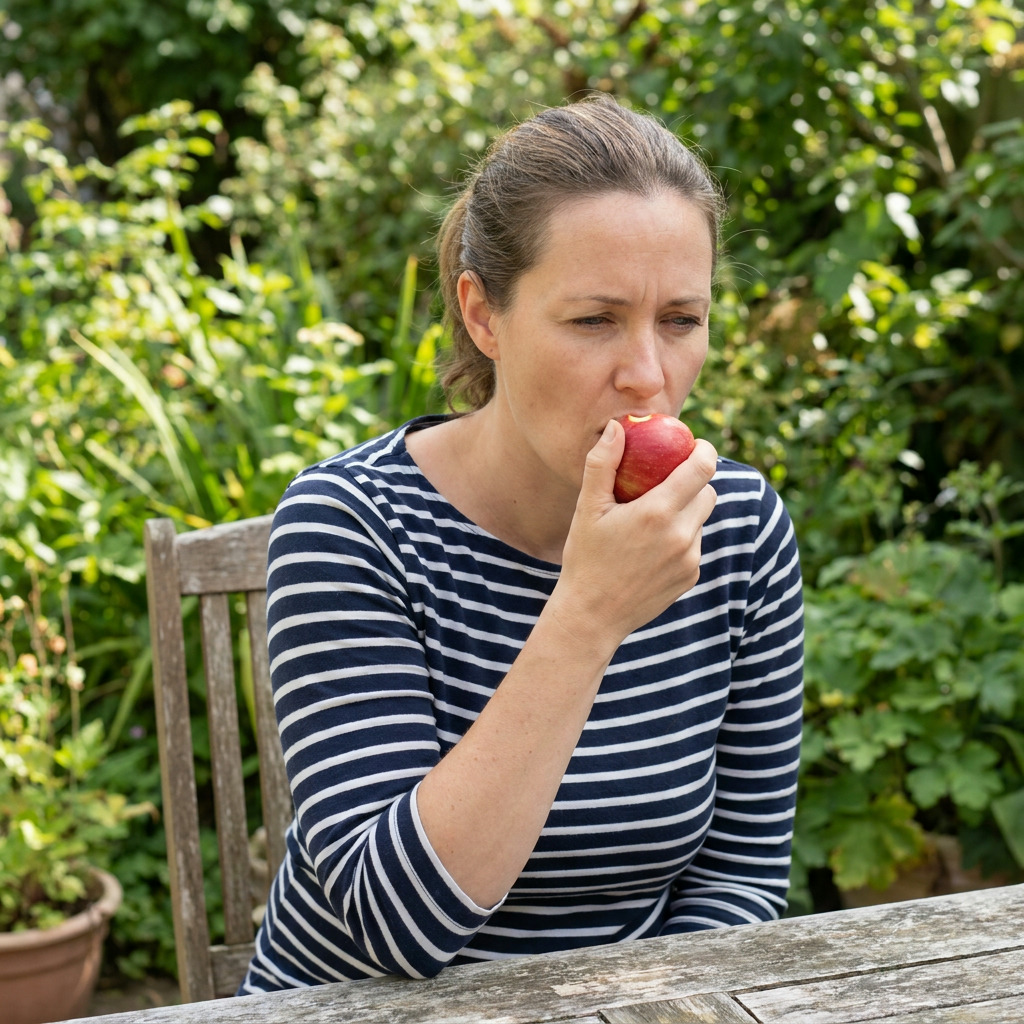 Stephanie sits at a wooden table outdoors, wearing a striped shirt and biting into a red apple, with green foliage in the background.
