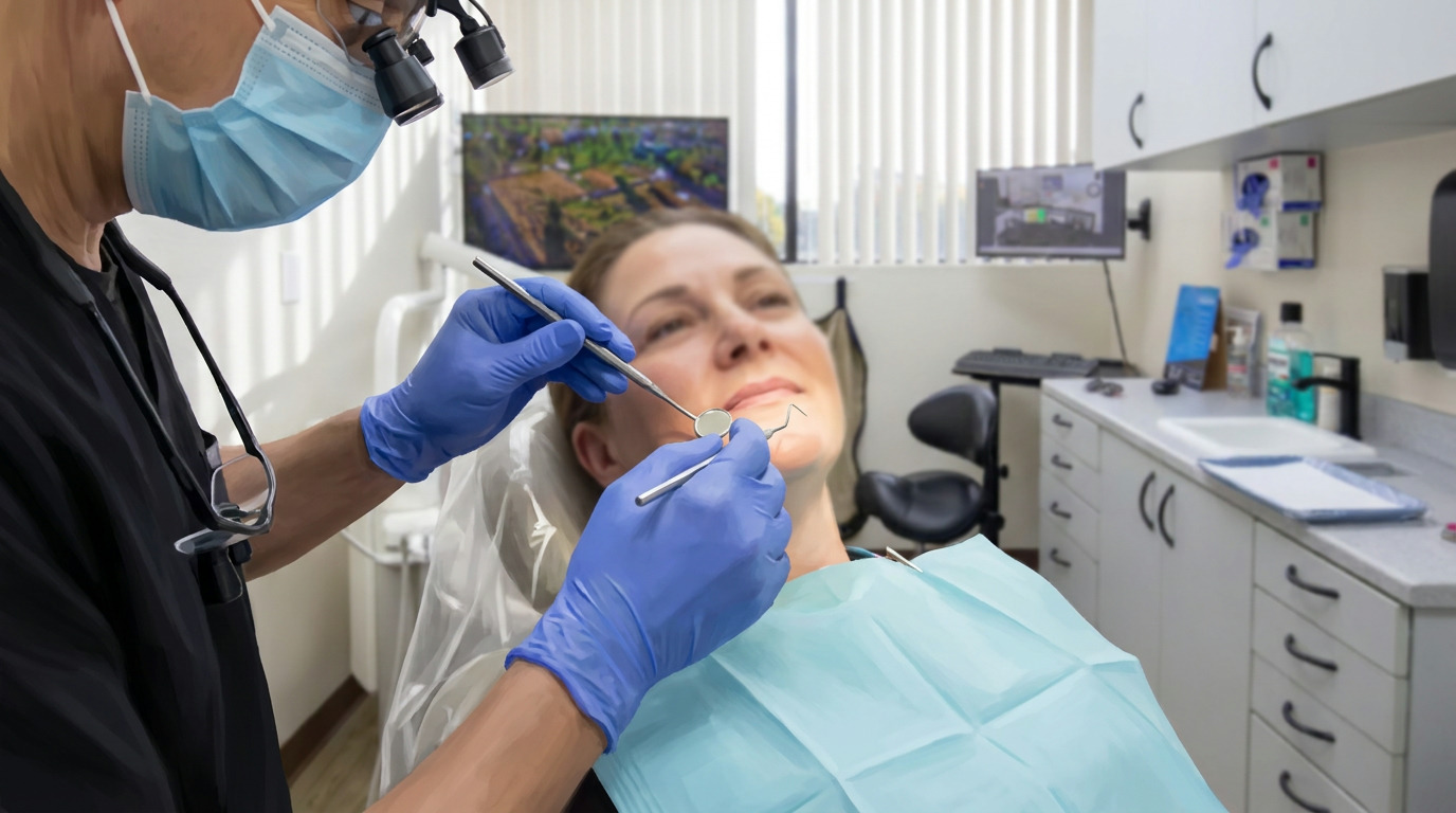 A dentist in a mask and loupes uses a dental mirror and probe on a patient wearing a dental bib, in a clean operatory with white cabinets and monitors.