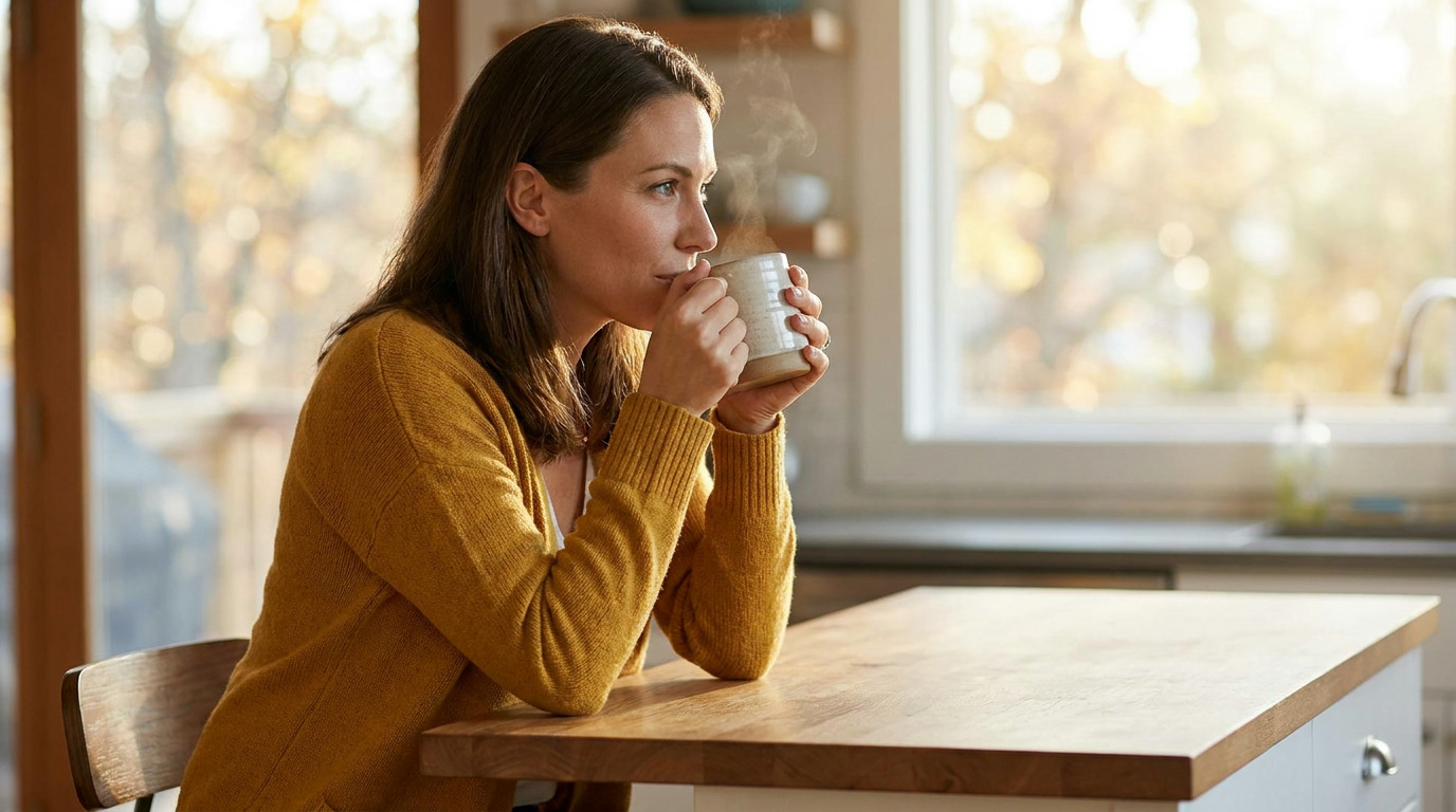 A woman in a mustard yellow cardigan sips from a steaming mug while seated at a wooden kitchen island, looking out a sunlit window.