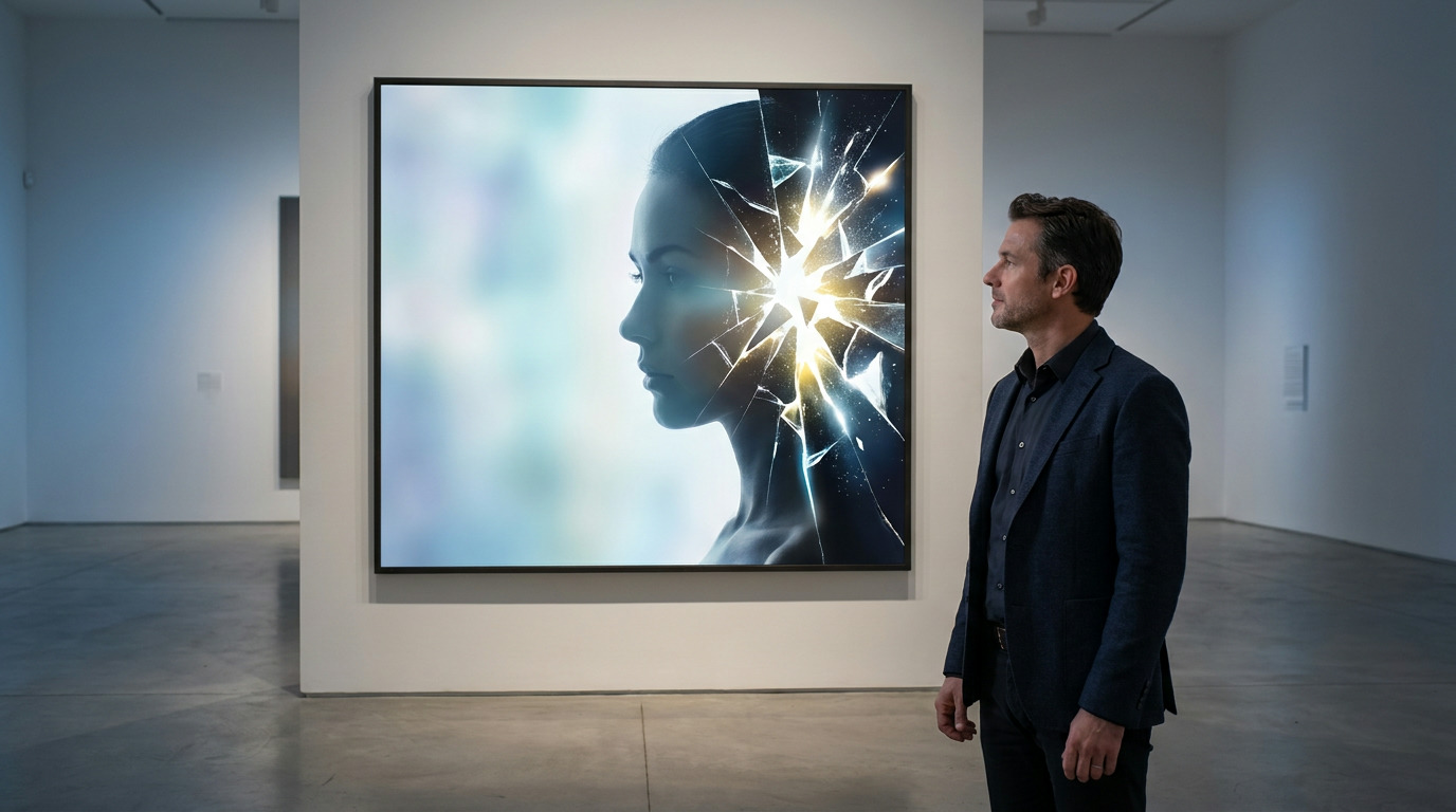 A man in a dark suit jacket and shirt stands in an art gallery, looking at a large framed artwork of a woman's profile with a shattered effect.