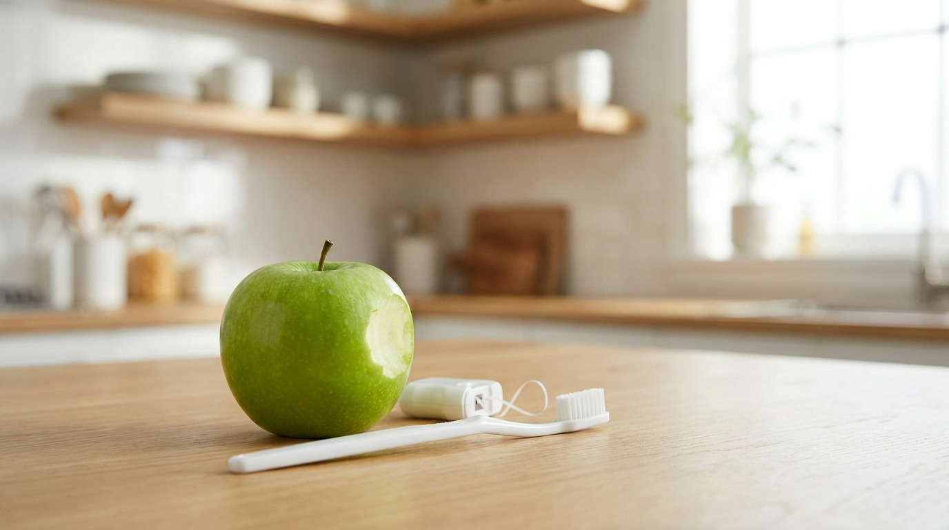 A green apple with a bite taken out of it, a white toothbrush, and dental floss rest on a light wooden kitchen counter with blurred shelves and a window in the background.