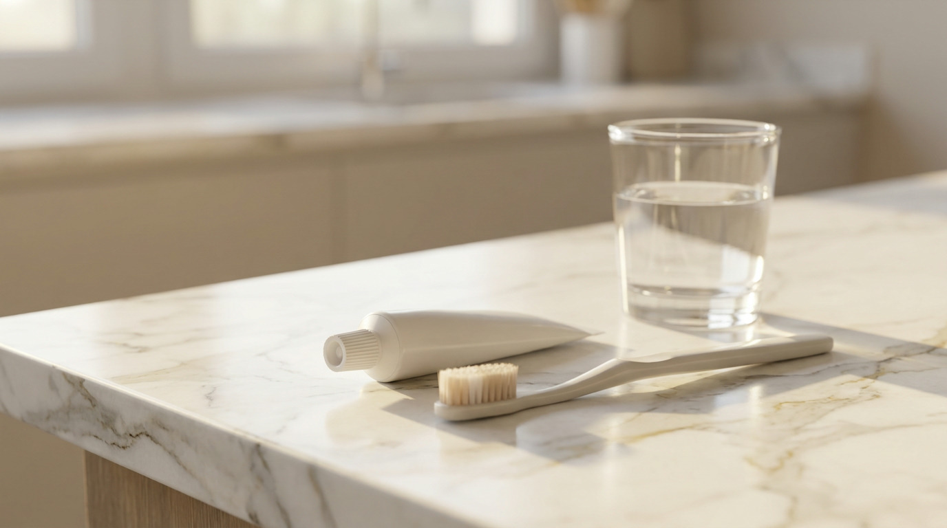 A white tube of toothpaste, a toothbrush with light bristles, and a glass of water sit on a white marble countertop.