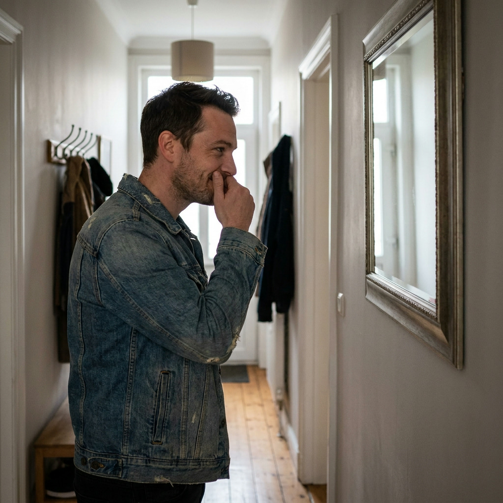 A man, wearing a denim jacket, stands in a hallway, looking at his reflection in a mirror while covering his mouth with his hand.