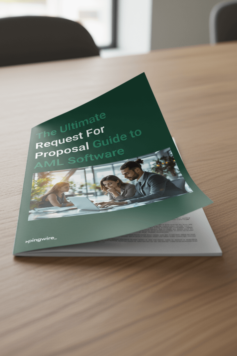 Brochure titled 'The Ultimate Request For Proposal Guide to AML Software' featuring three professionals reviewing a laptop together.