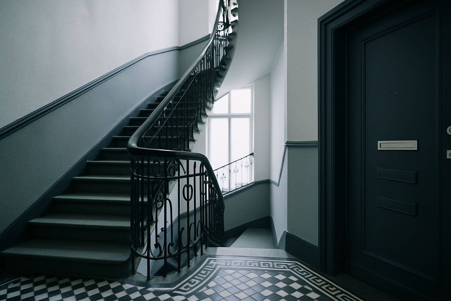 Berliner Treppenhaus mit schmiedeeiserner Banister-Spirale, Schachbrettmosaik und marineblauer Tür.