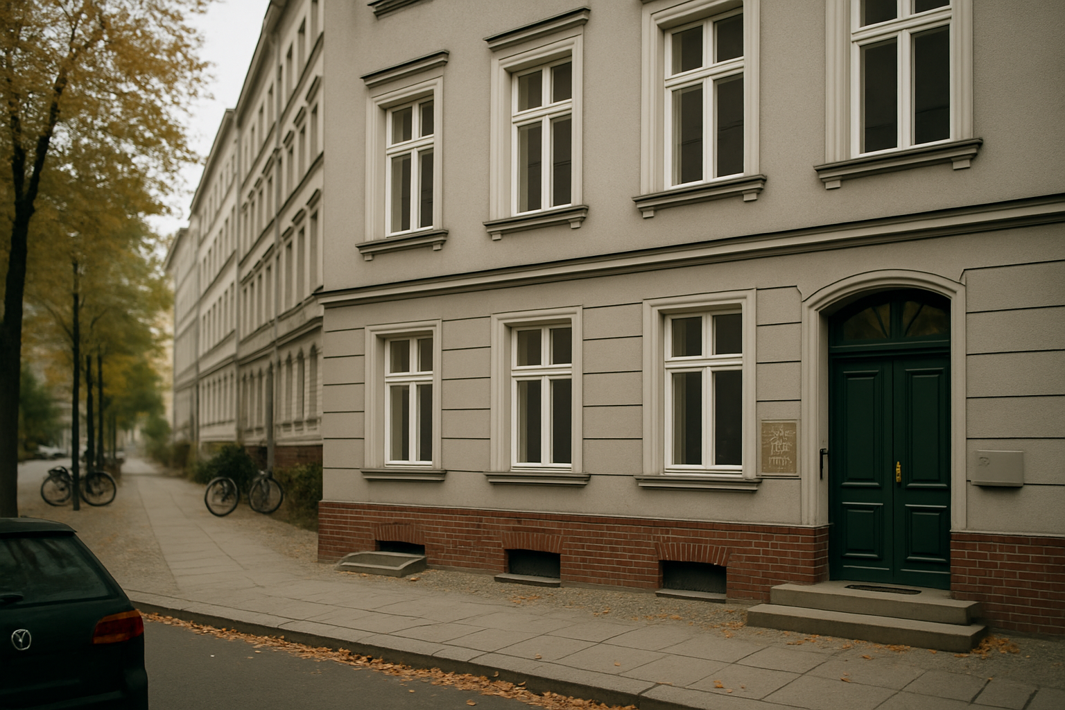 Berliner Gründerzeitfassade in Prenzlauer Berg mit Klinkersockel und tiefgrüner Eingangstür