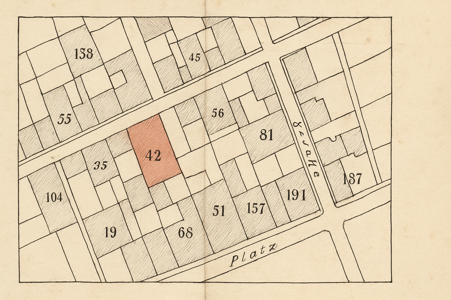 Schwarz-weißer Berliner Kataster-Ausschnitt im Stil der 1930er Jahre, eine Parzelle in gedämpftem Rot markiert.