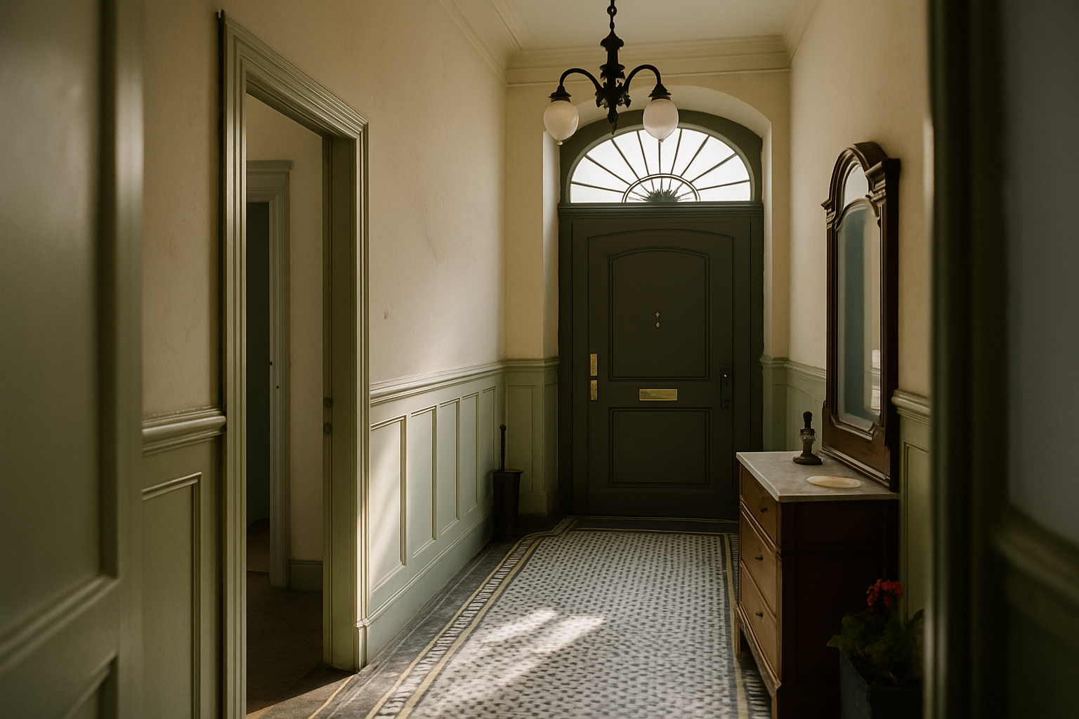 Berliner Belle-Etage-Vestibül in Charlottenburg mit schwarz-weißem Mosaikfliesenboden, salbeigrüner Wandvertäfelung, anthrazitfarbener Eingangstür mit Glas-Oberlicht und Bronze-Pendelleuchte — Cool-Tones-Komposition