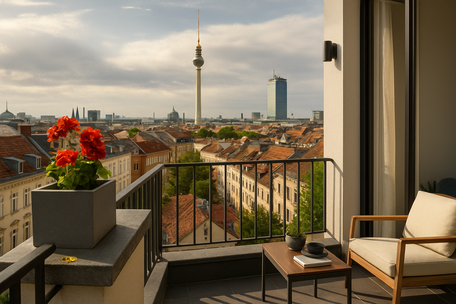 Berliner Skyline mit Fernsehturm Alexanderplatz und Berliner Dom vom 5. Stock eines Altbau-Balkons in Mitte — modern und stilvoll mit Mid-Century-Lounge-Sessel, Designer-Beistelltisch und anthrazit-Beton-Pflanzkasten mit roten Geranien