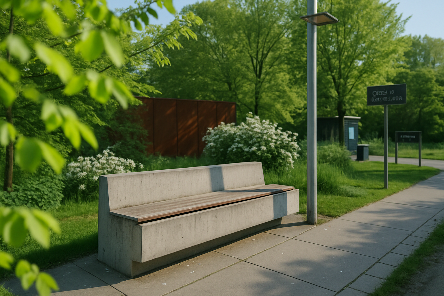 Moderne Sichtbeton-Sitzbank im Park am Gleisdreieck in Berlin an einem Mai-Vormittag, junge Mai-Buchenblätter im Vordergrund.