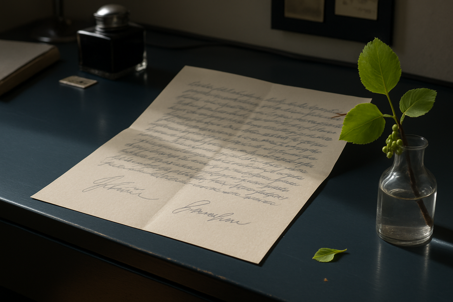 Handgeschriebenes Privattestament 1925 in deutscher Kurrent auf einem dunkelblau-grau lackierten Bauhaus-Sekretär, daneben ein Lindenzweig im Glas.