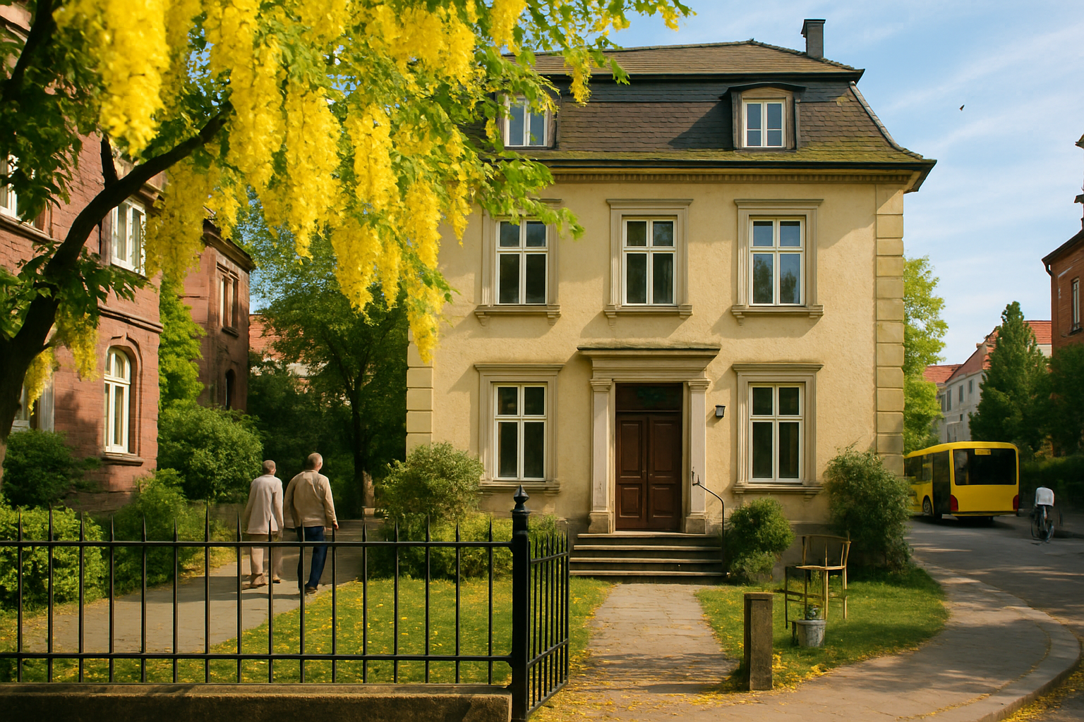 Wilhelminische Vorortvilla in Lichterfelde-West mit blühendem Goldregen im Mai — Lebenswelt der lebzeitigen Immobilienübertragung unter Nießbrauchsvorbehalt