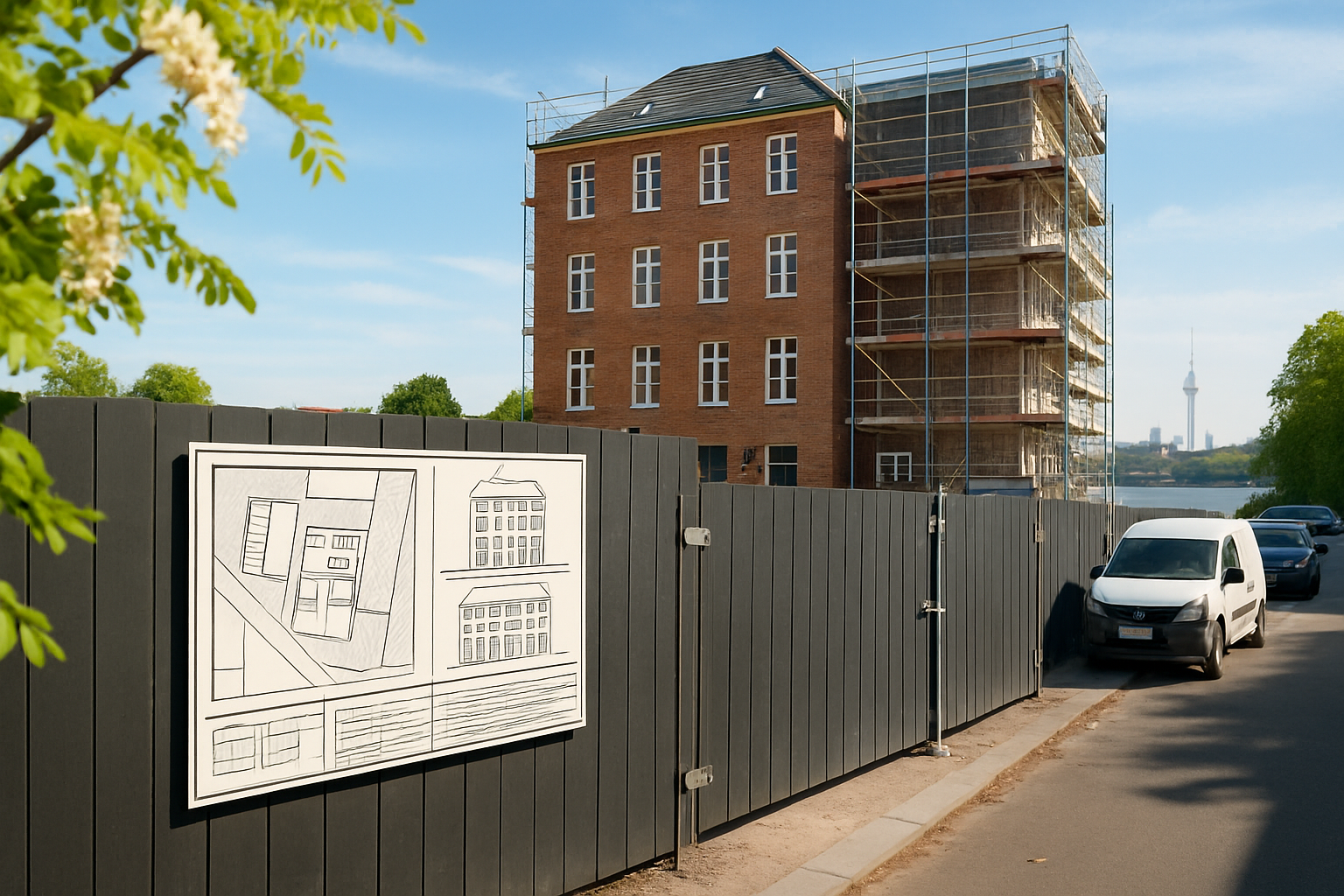 Berliner Mai-Bauplatz Wohnbauträgerprojekt in Endphase mit klassischer Bautafel, Klinker-Neubau, Baugerüst, Spree-Wasserfläche und Berliner Stadtsilhouette