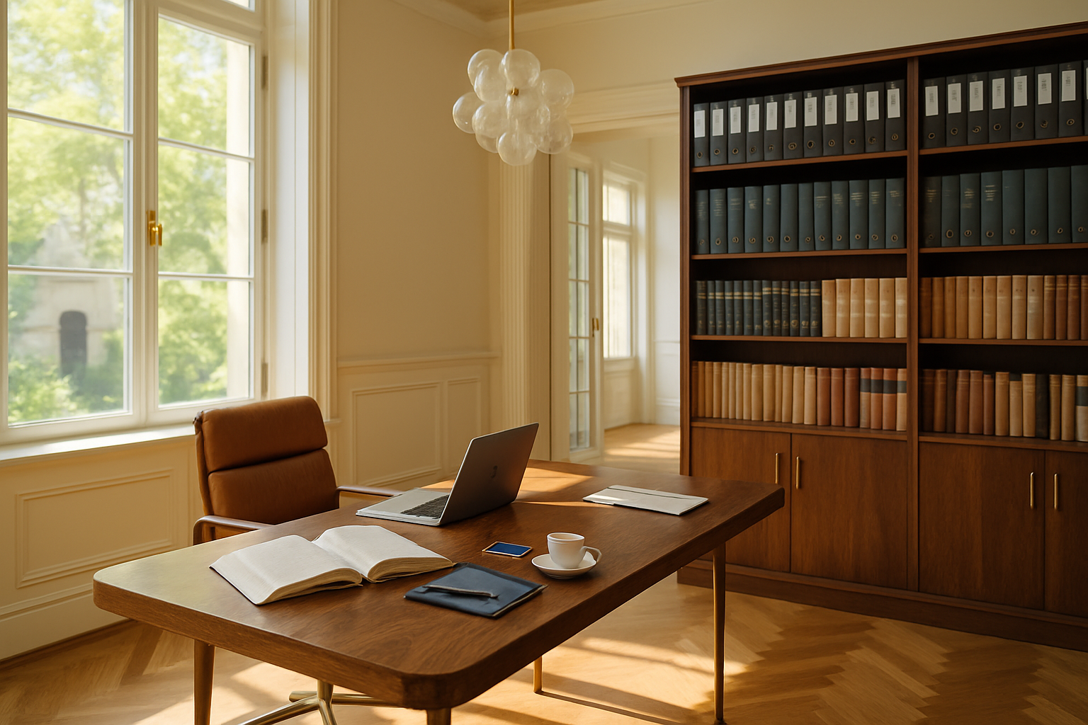 Walnuß-Schreibtisch im Charlottenburger Anwaltsnotariat im Mai-Vormittagslicht, mit aufgeklapptem Laptop, Kommentar, Tasse, Cognac-Lederstuhl und Walnuß-Bibliothek mit Doppelflügeltür-Durchblick.