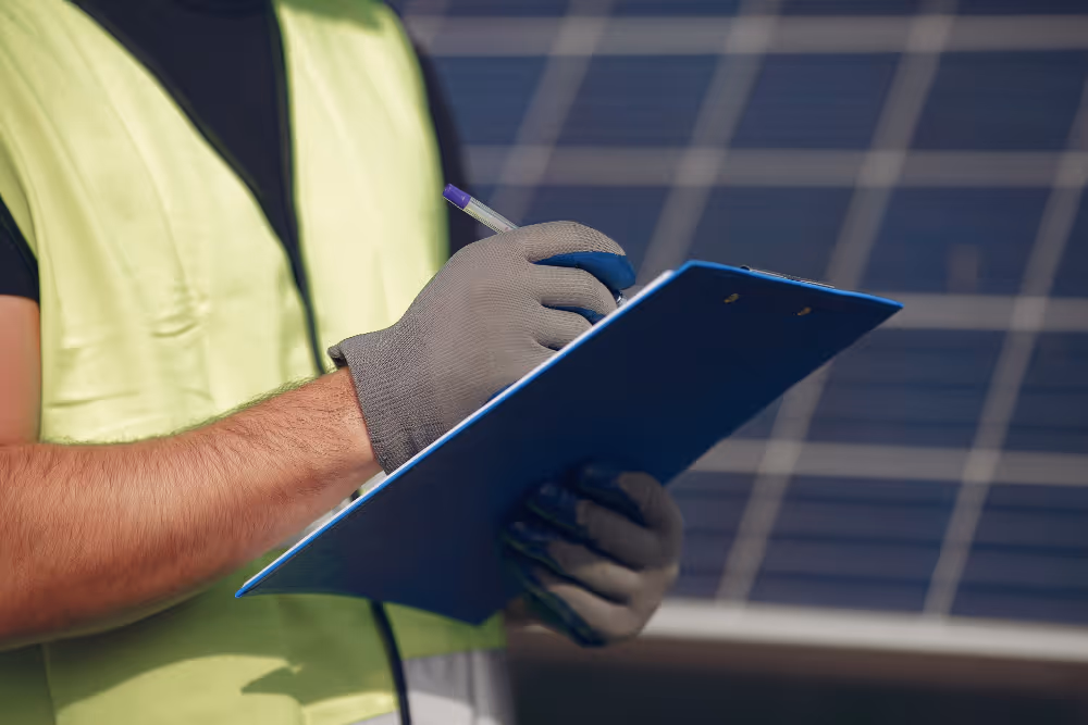 A man having rounds and check list at the solar panel farm