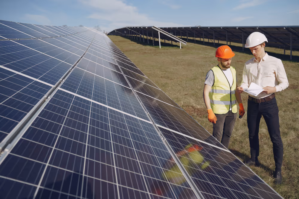 Engineer and electrician inspecting solar panel farm