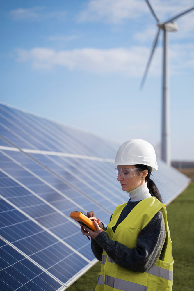 An engineer woman inspecting the solar and wind farm
