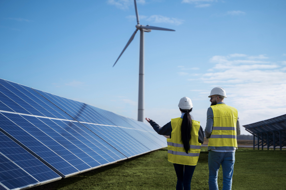 Two engineers walking on the solar and wind farm