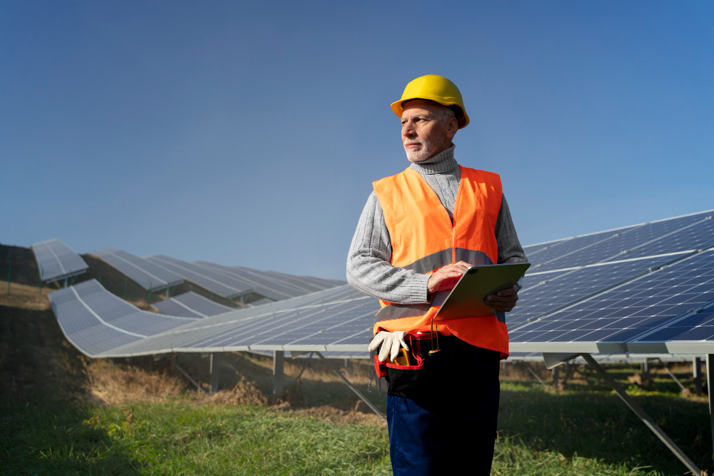 An old solar engineer having his rounds in the solar farm