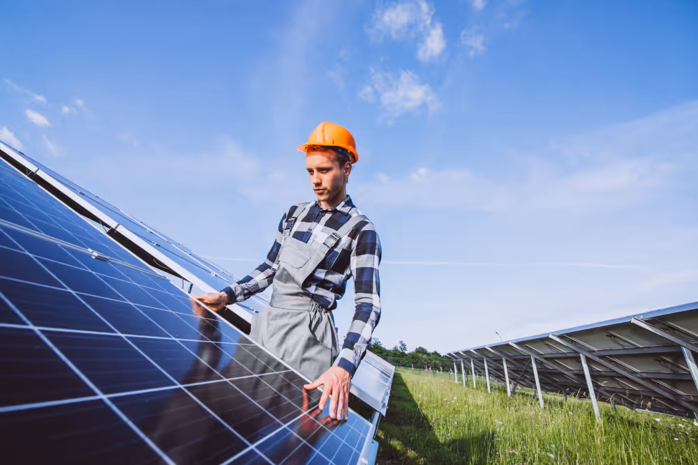 A solar engineer in orange hard hard checking the solar panels