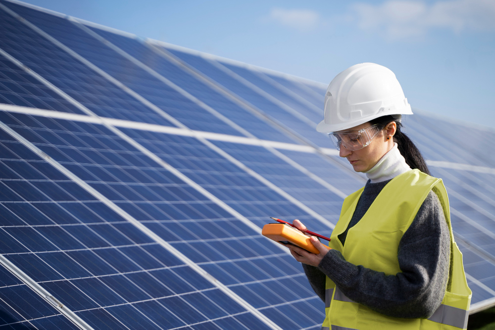 A lady engineer doing her inspections on the solar farm