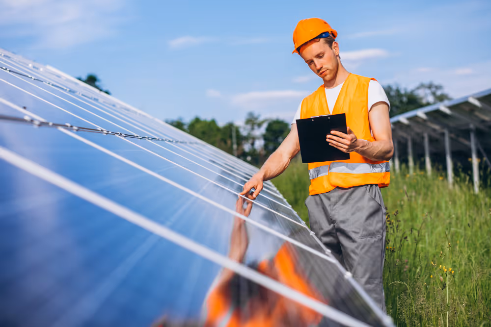 An engineering in orange outfit inspecting the solar panels