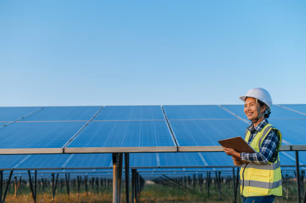 Lady engineer enjoying her life at the solar farm