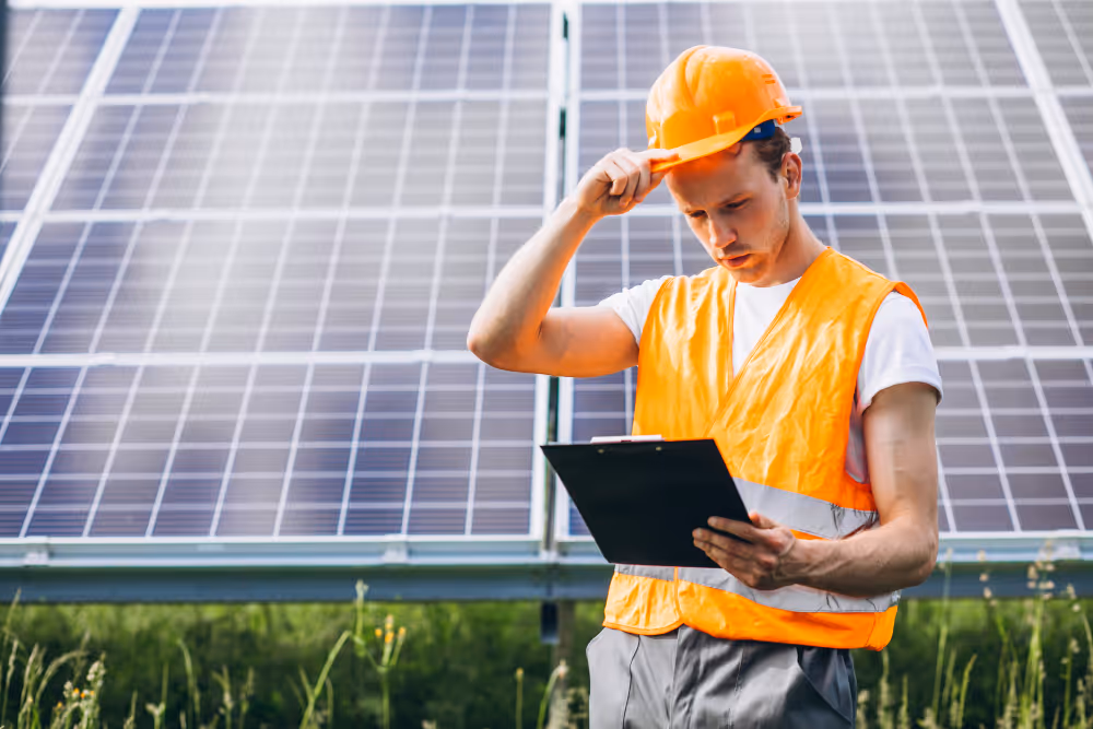 An engineer on the solar farm holding his checklist