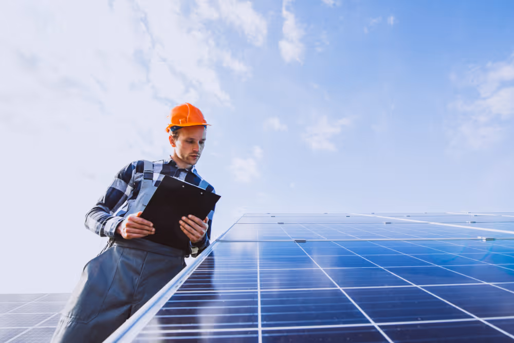 Man worker in the field by the solar panels
