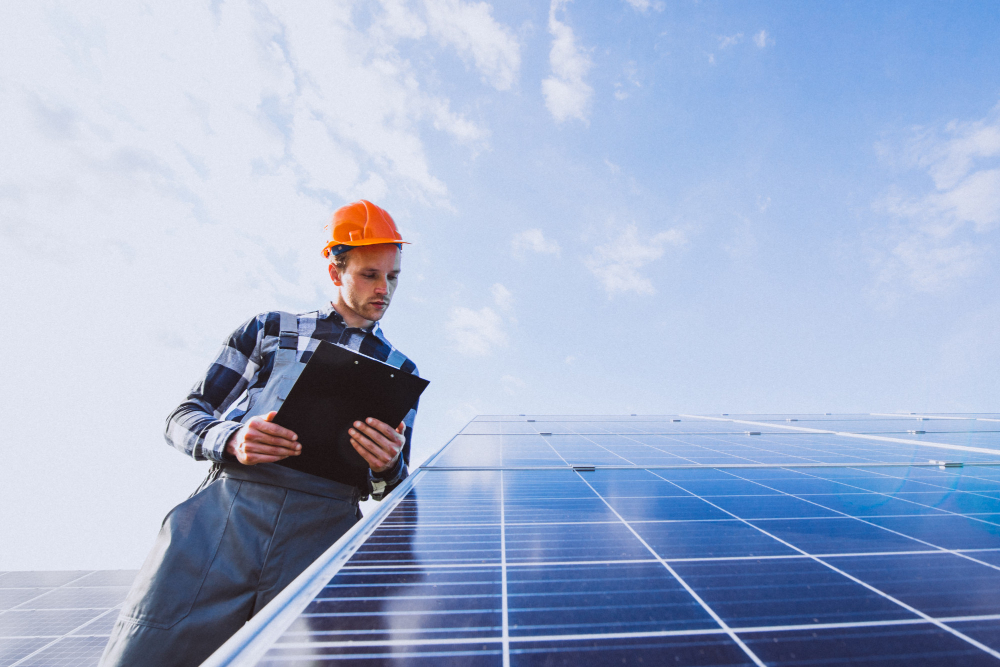 Man worker in the field by the solar panels