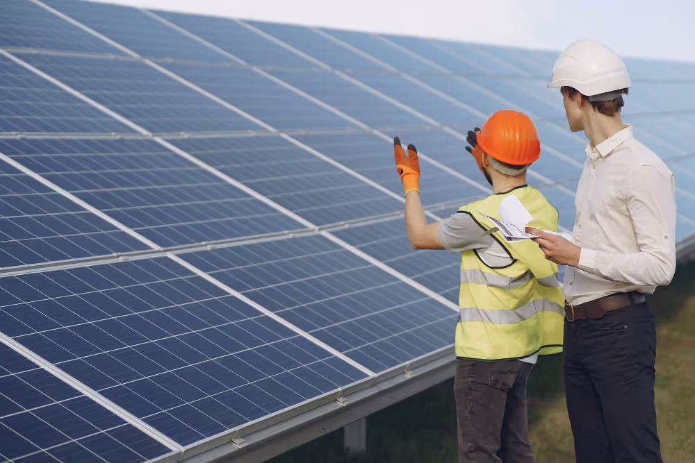 Foreman and businessman at solar energy station.