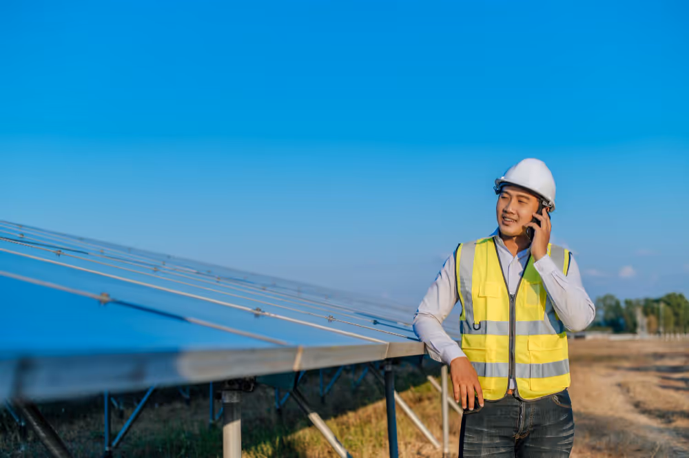 Young asian technician man standing and talking on smartphone