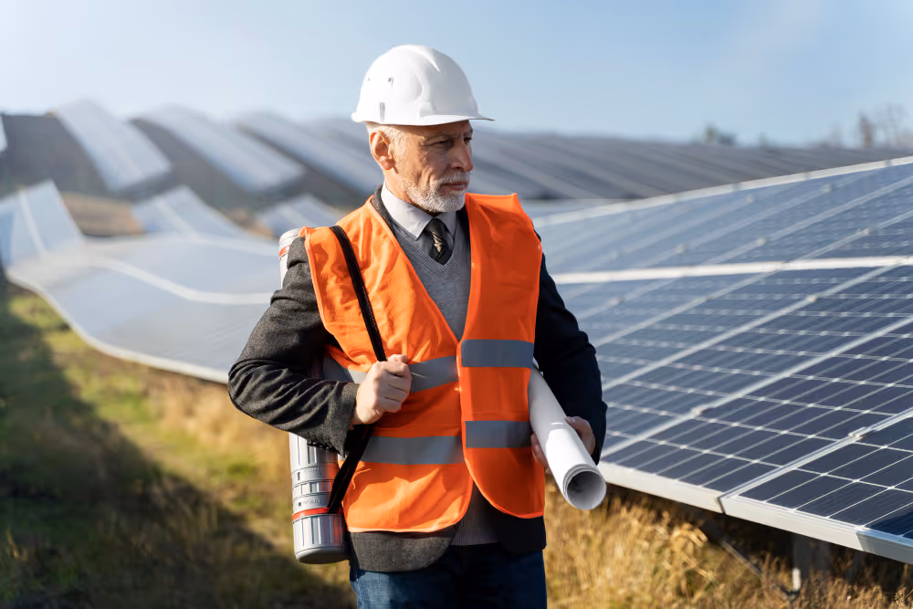 A solar engineer walking around the solar farm