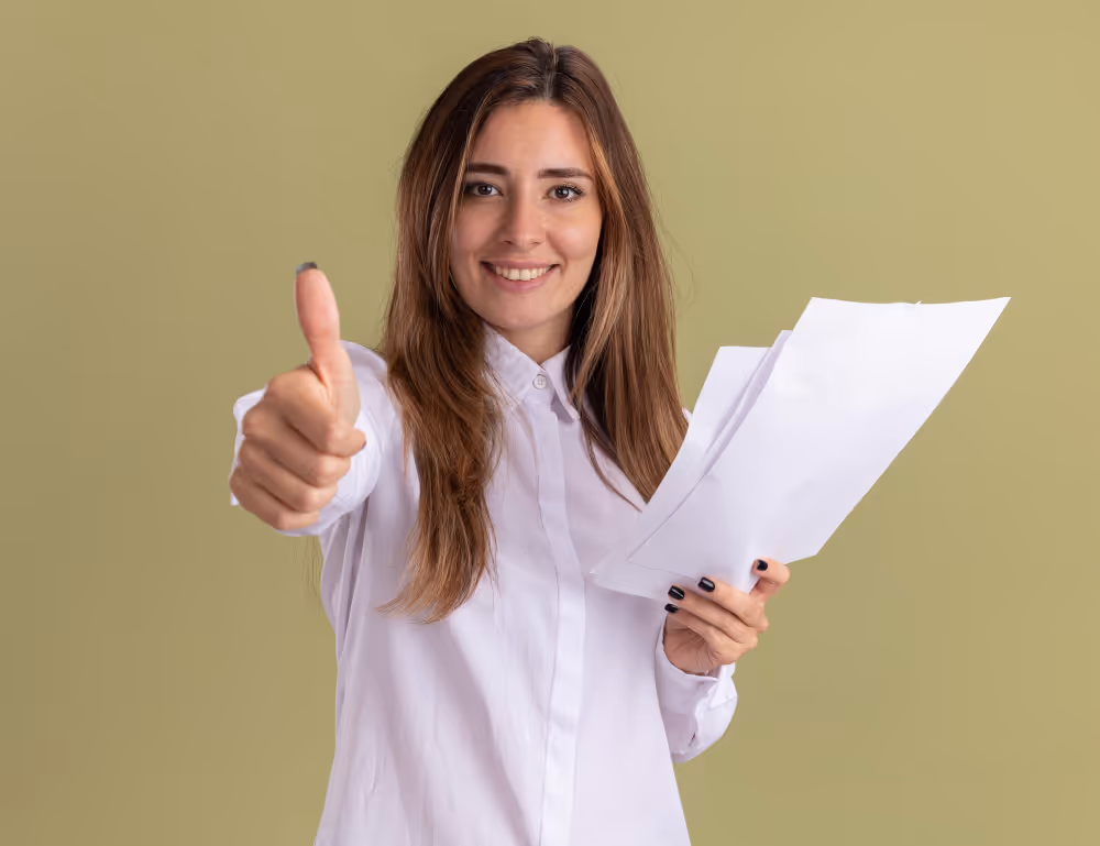 A thumbs up from a woman in white holding permits