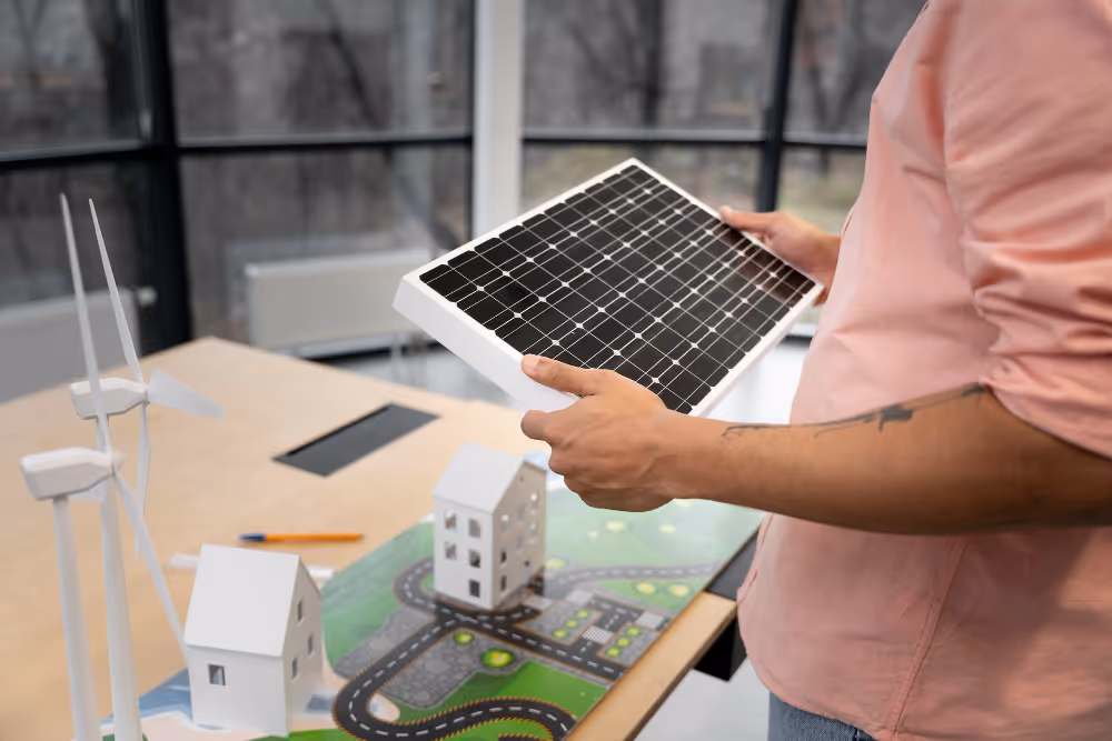 A man in pink holding a small solar panel