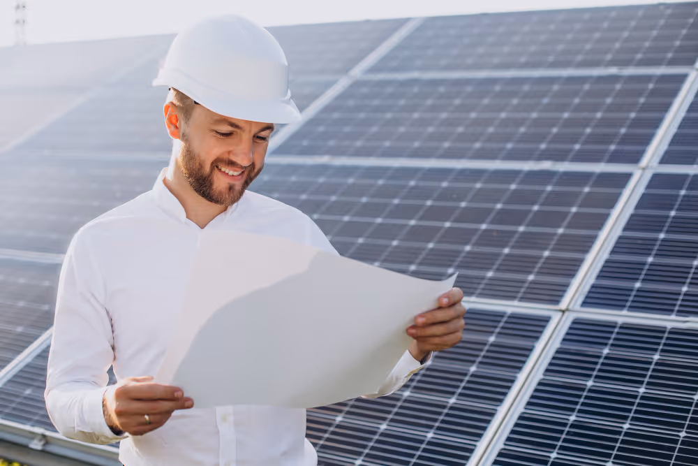 A businessman in white looking at the plan at the solar field