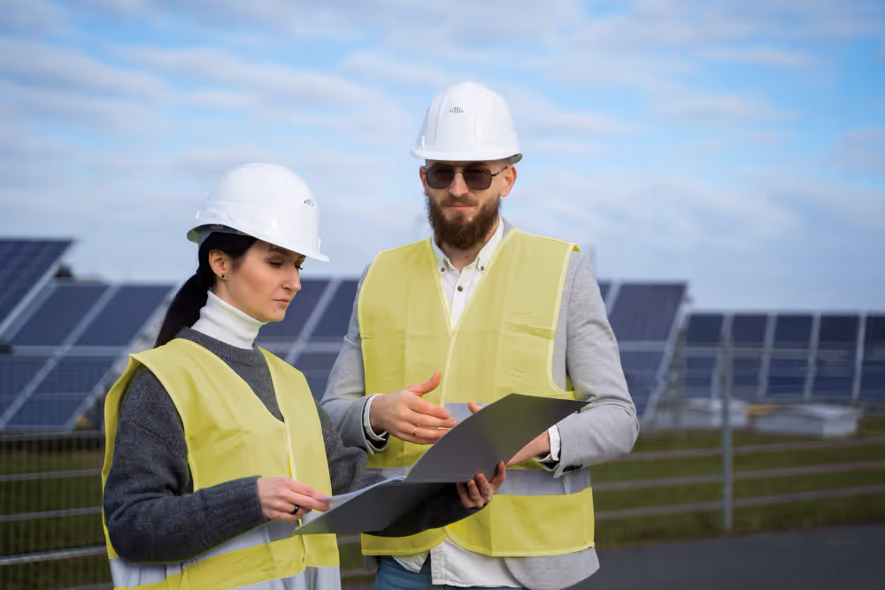 Two businessman having their checklist on a solar farm