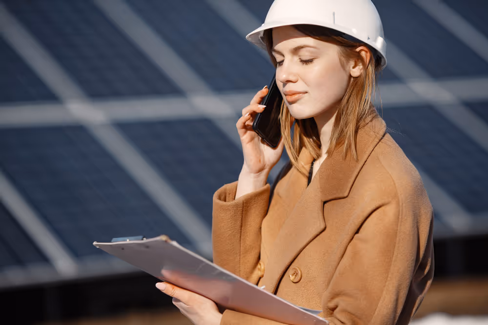 A woman in brown coat taking a call on a solar farm