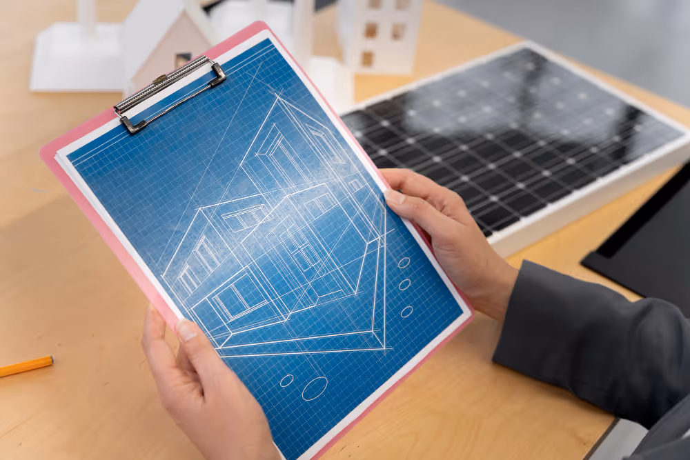 A blueprint of a building next to a solar panel
