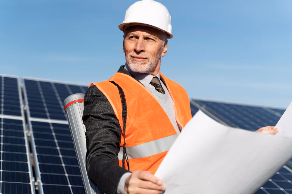 An engineer holding a solar panel plan