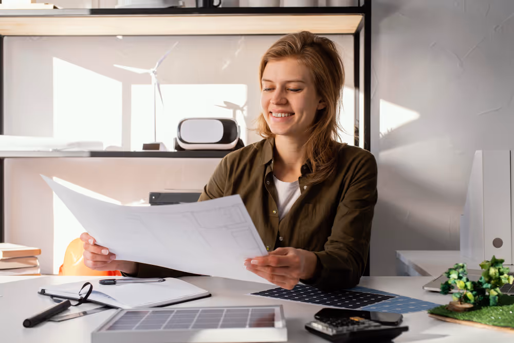 A woman checking the solar plan on desk