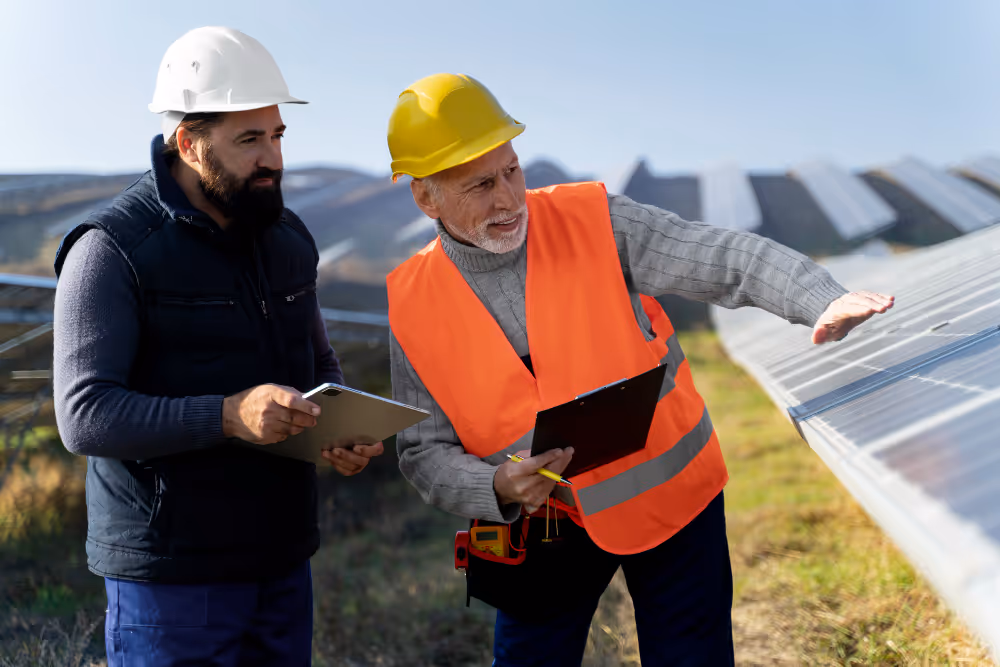 A technician and engineer on solar farm