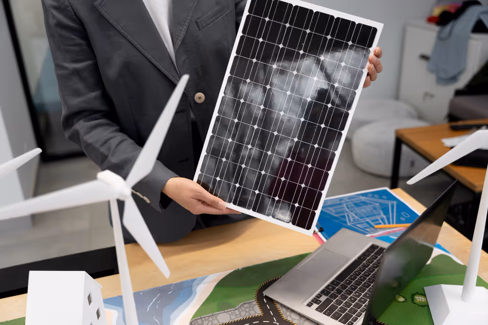 Businessman showing solar panel