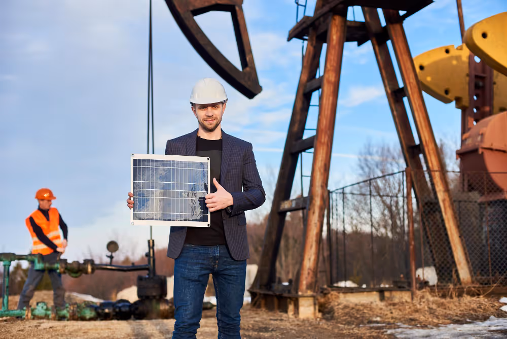 A businessman holding a solar panel