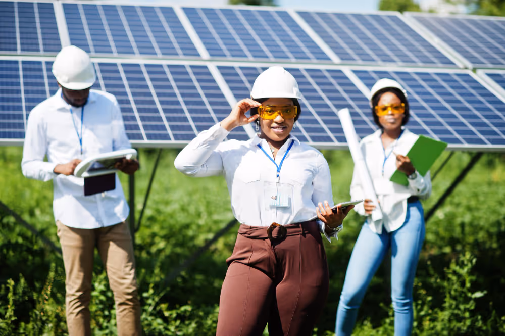 Three solar engineer in white at a solar farm