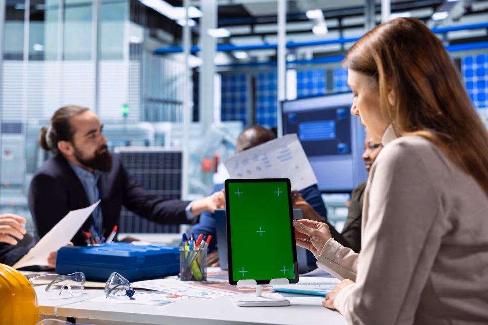 A woman holding a mobile tablet in green screen at a solar office