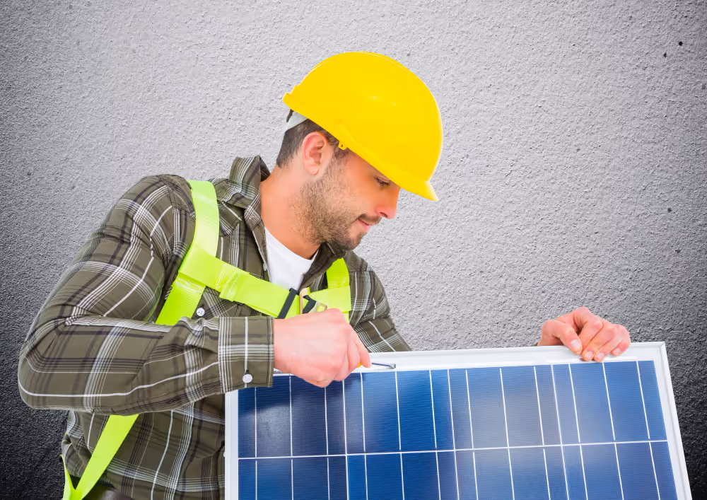 A solar technician holding a solar panel