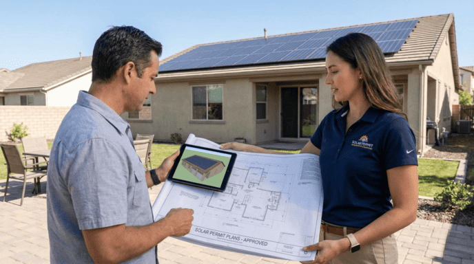 man discussing solar permit to woman